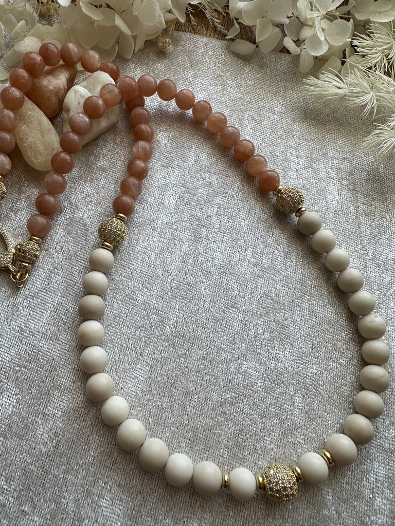 Peach Moonstone CZ Beaded Necklace and Bracelet Set