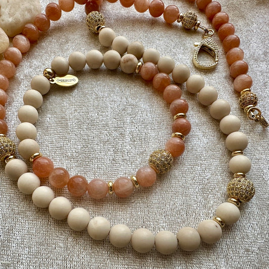 Peach Moonstone CZ Beaded Necklace and Bracelet Set