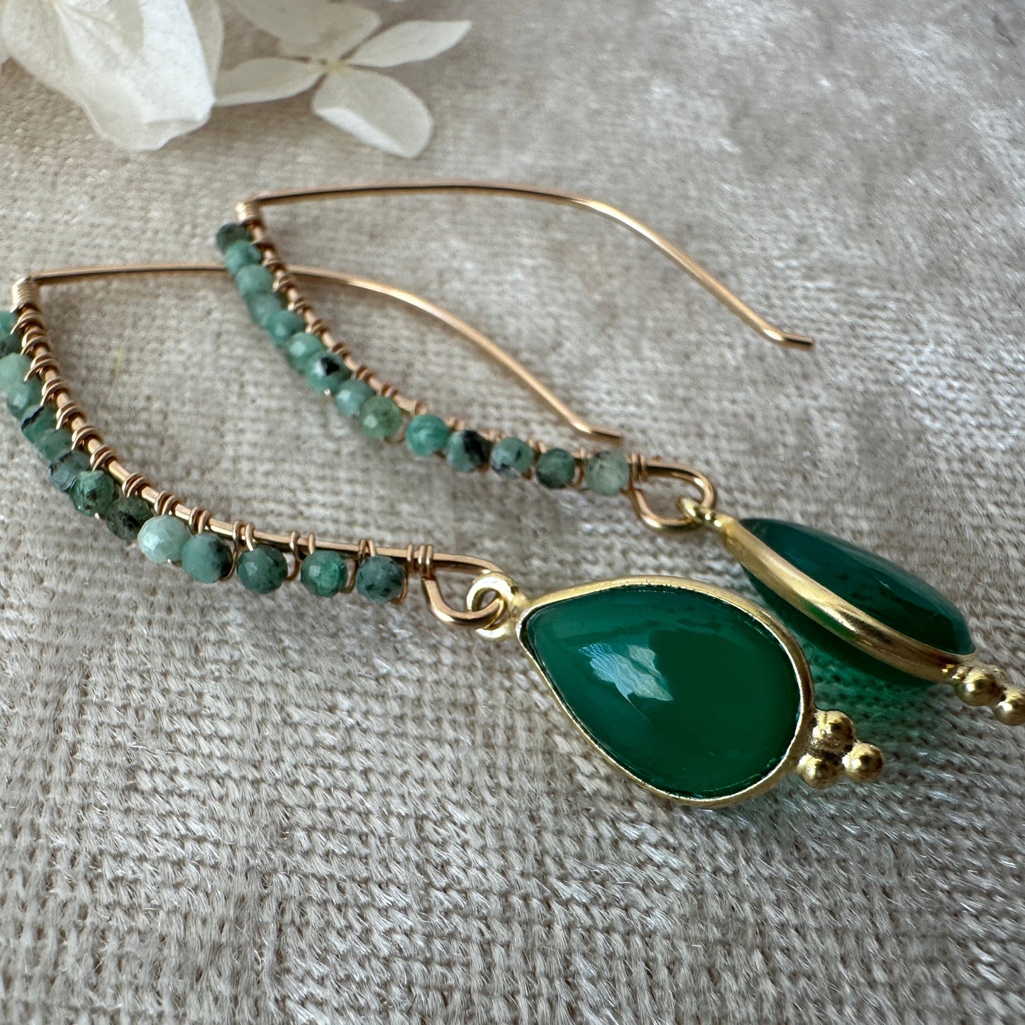 14kt Gold Filled Emerald and Green Onyx Threader Earrings