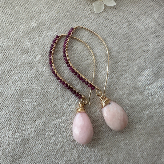 14kt Gold Filled Ruby and Pink Opal Threader Earrings