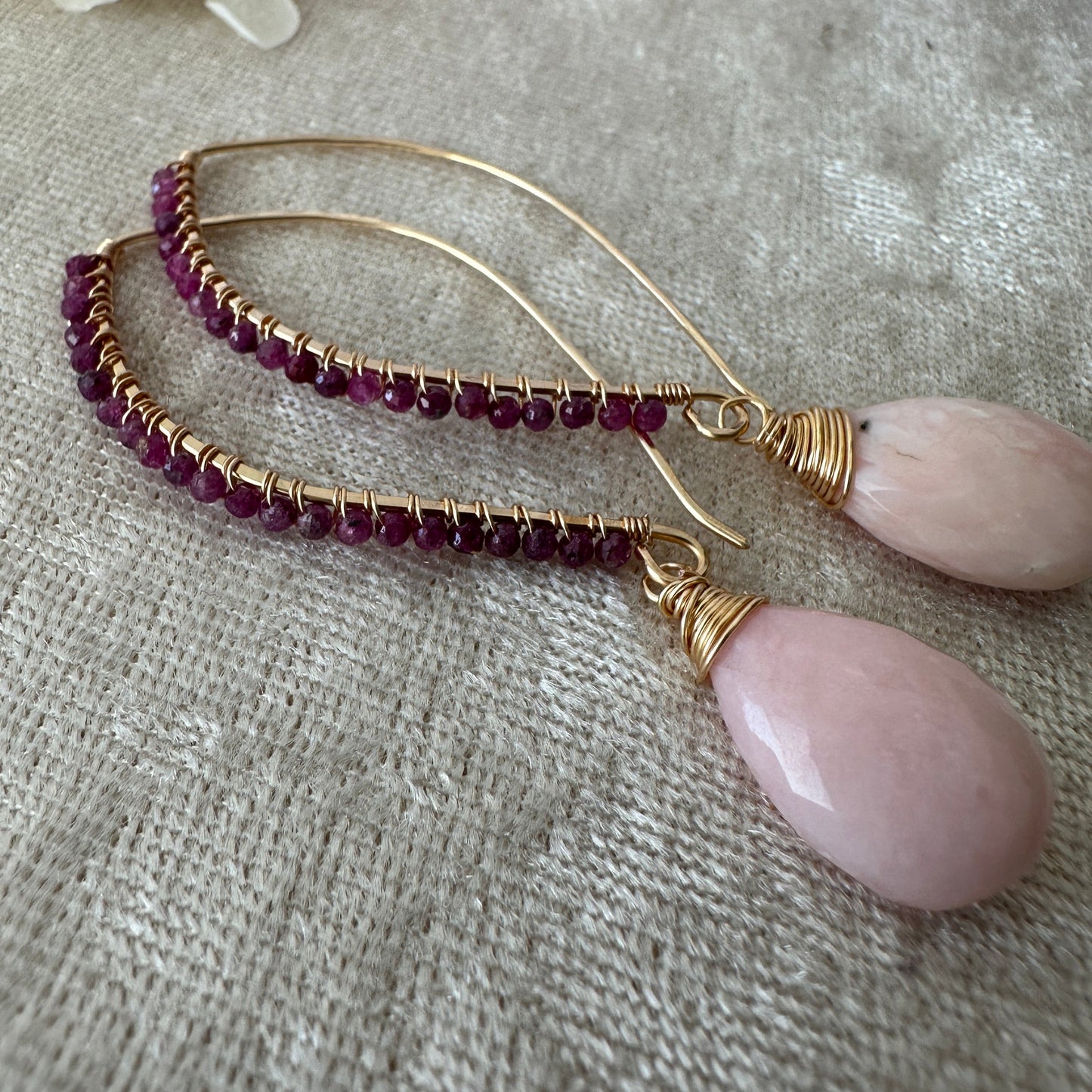 14kt Gold Filled Ruby and Pink Opal Threader Earrings