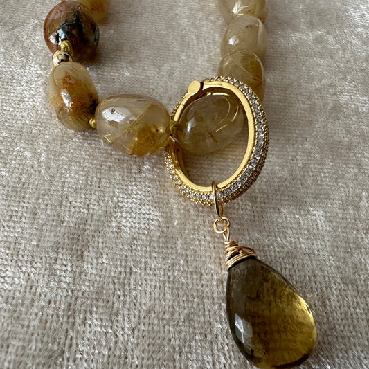 Golden Rutilated Quartz Nugget Knotted Necklace
