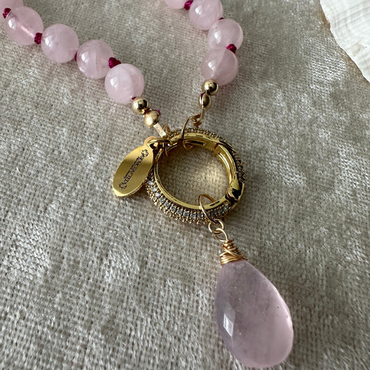 Rose Quartz Knotted Necklace With CZ Clasp