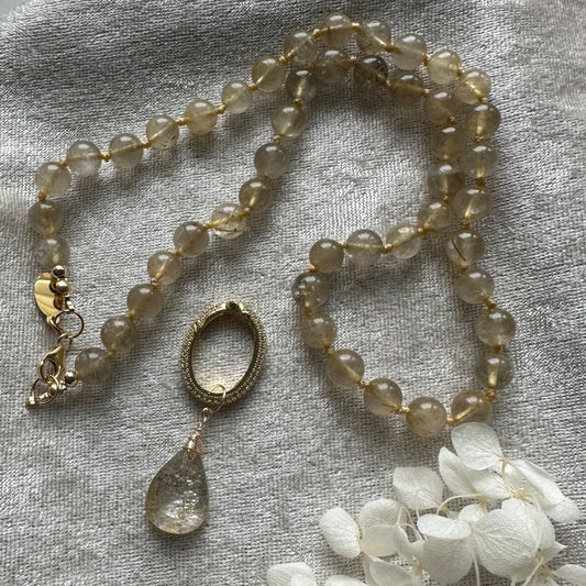 Golden Rutilated Quartz Knotted Necklace With CZ Charm