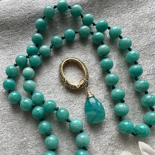 Amazonite Knotted Necklace With CZ Charm