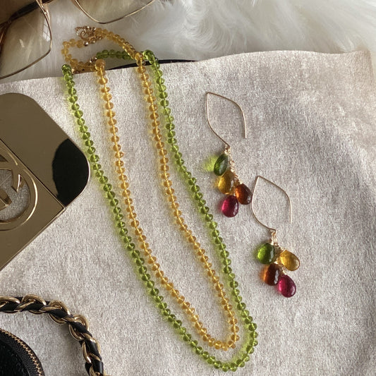Hand-knotted Peridot and Citrine Hydro Quartz Necklaces