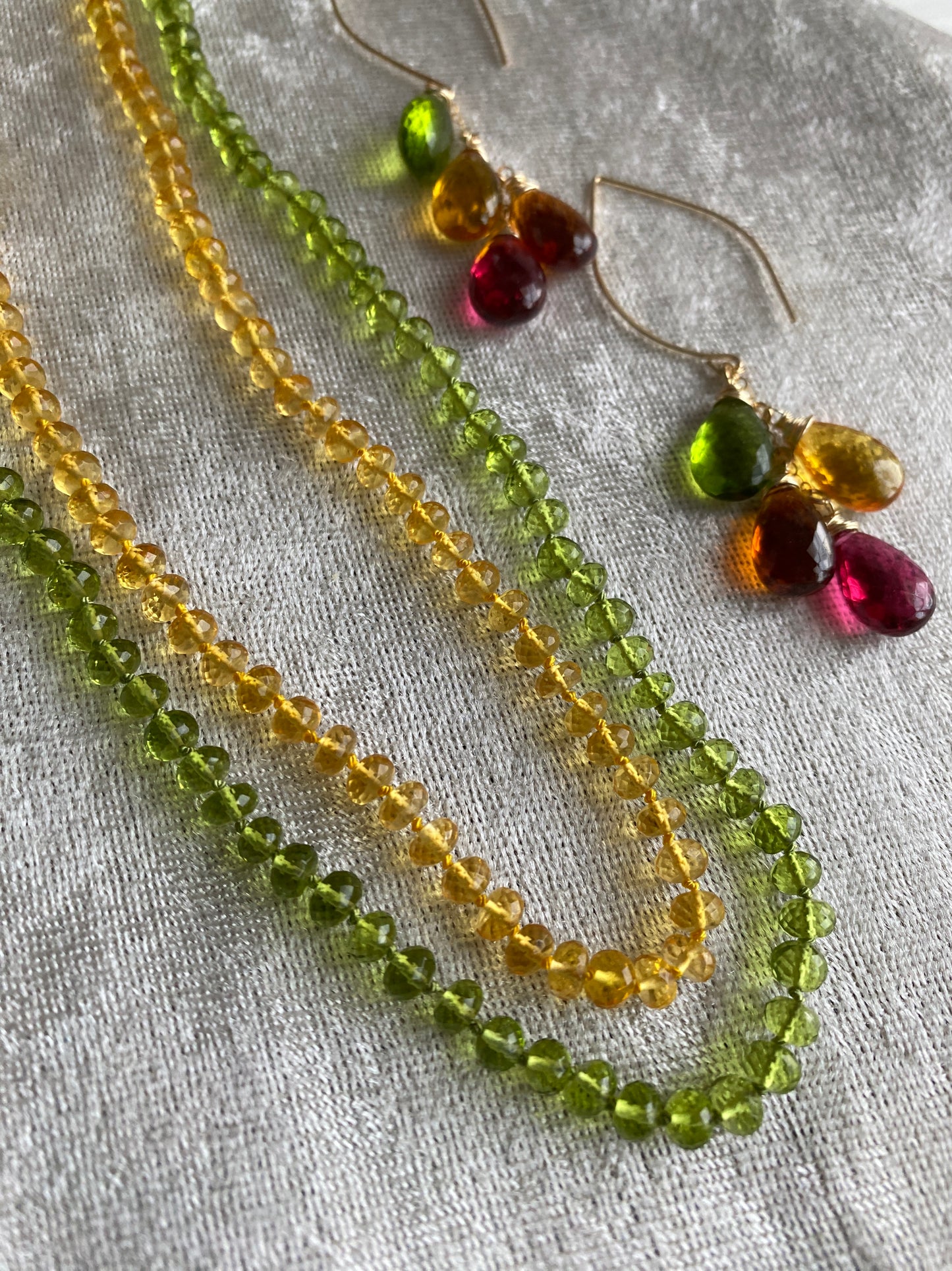 Hand-knotted Peridot and Citrine Hydro Quartz Necklaces