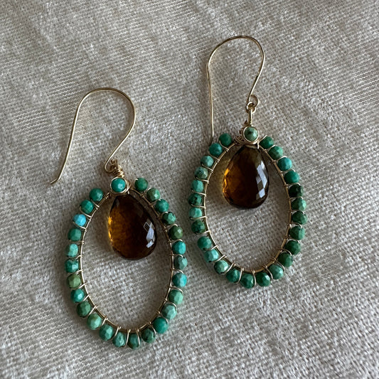 14kt Gold Filled Turquoise and Whiskey Quartz Earrings