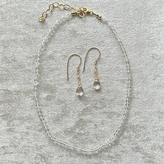 Hand knotted rock crystal necklace with simple dangle earrings in 14kt  gold fill